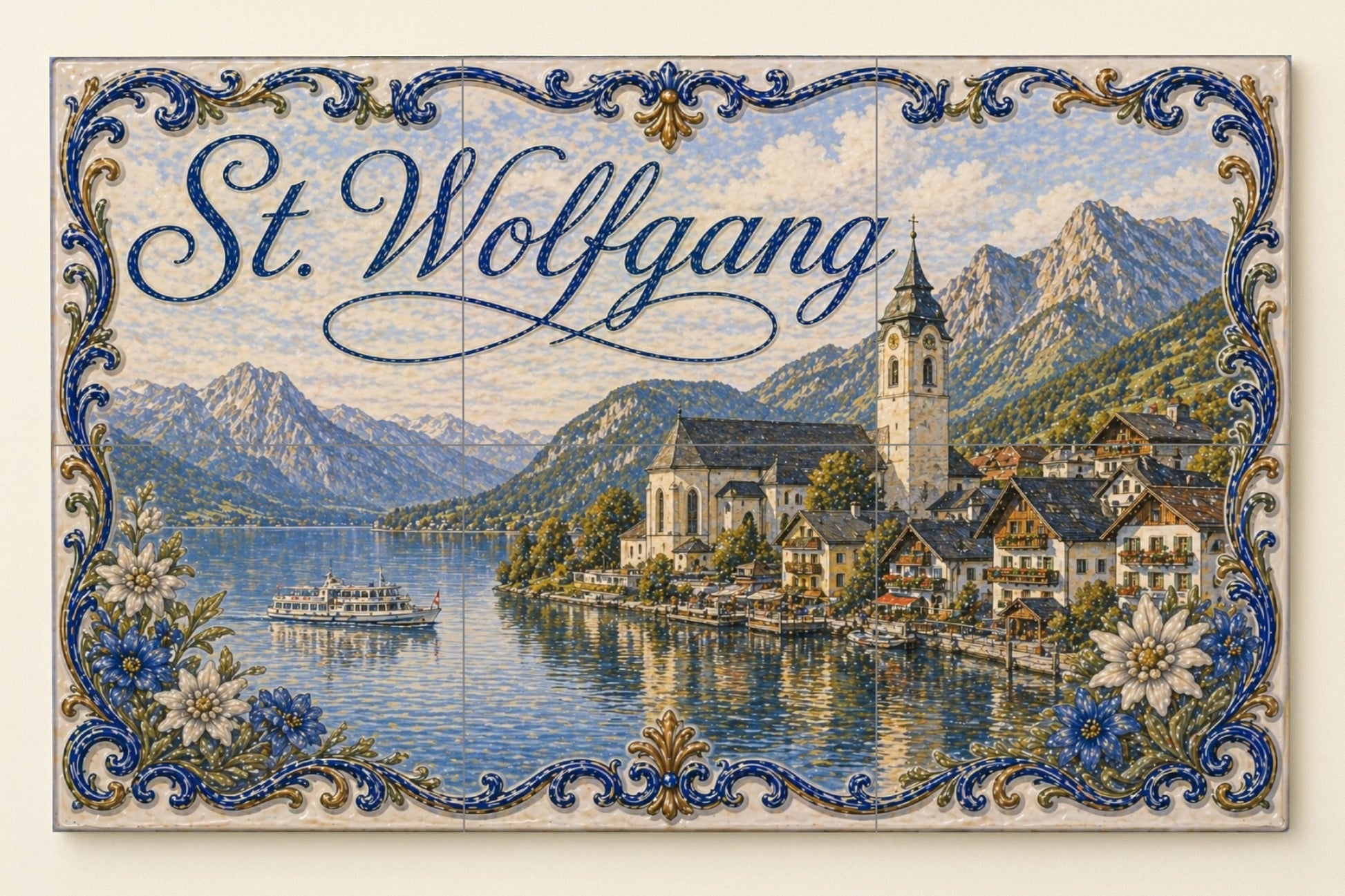 Ceramic Tile Mural: San Wolfgang, Austria, con decoración de par — City & Landmark Art