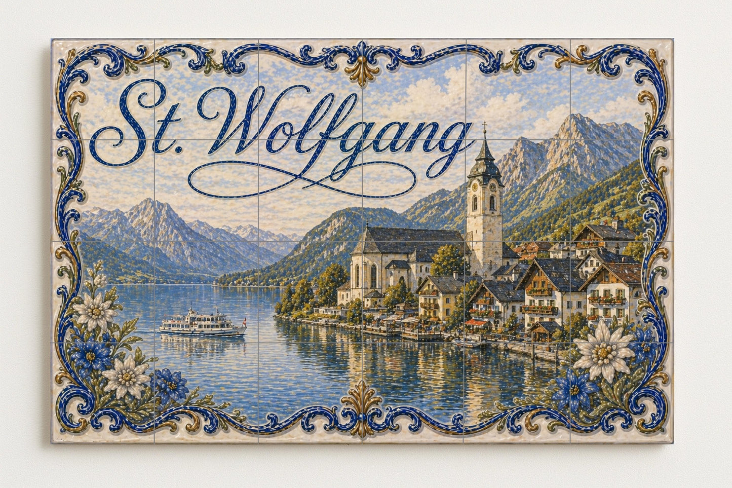Ceramic Tile Mural: San Wolfgang, Austria, con decoración de par — City & Landmark Art