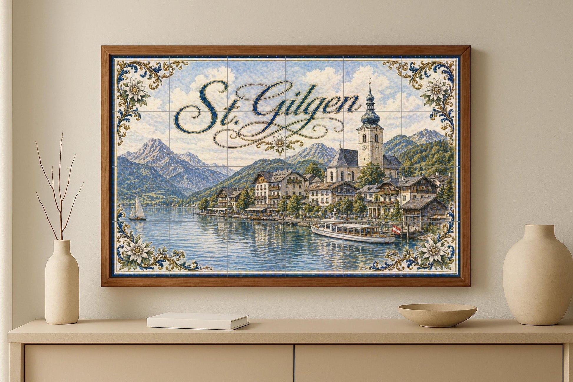 St. Gilgen, Austria, decoración de pared · Ceramic Wall Mural — Flowers & Landscape Art