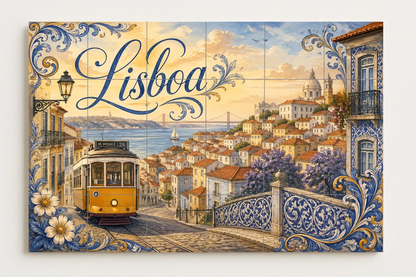 Mural de azulejos cerámicos de Lisboa Portugal, tranvía amarillo y…