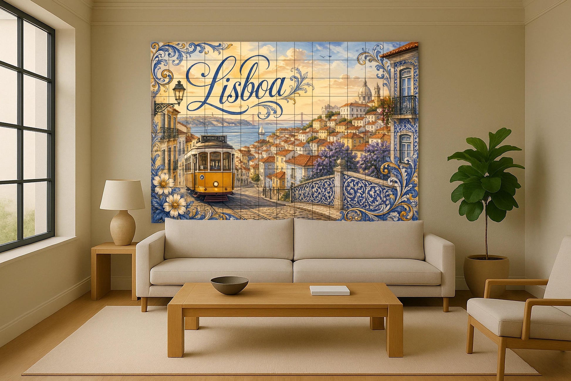 Mural de azulejos cerámicos de Lisboa Portugal, tranvía amarillo y…