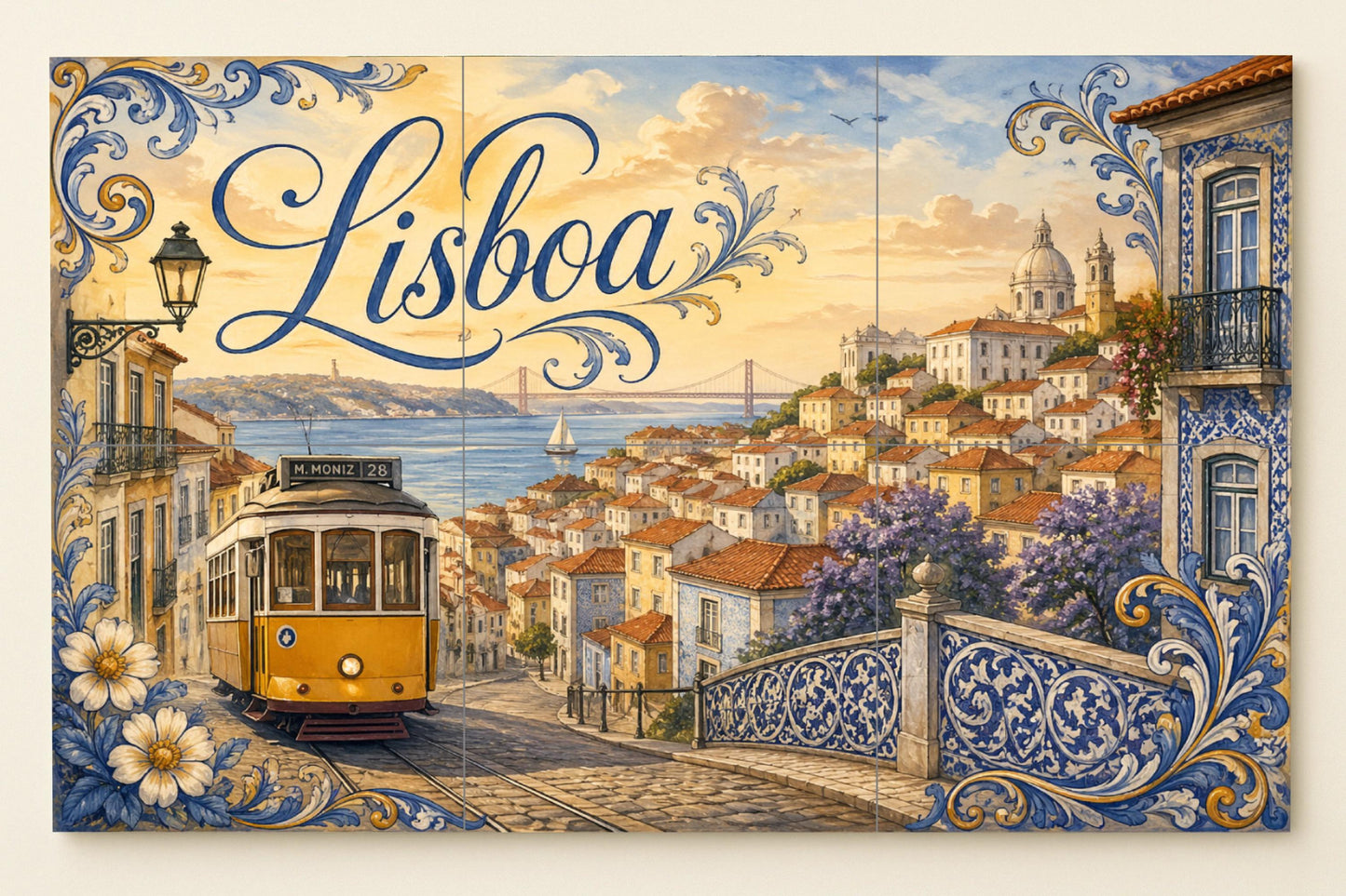 Mural de azulejos cerámicos de Lisboa Portugal, tranvía amarillo y…