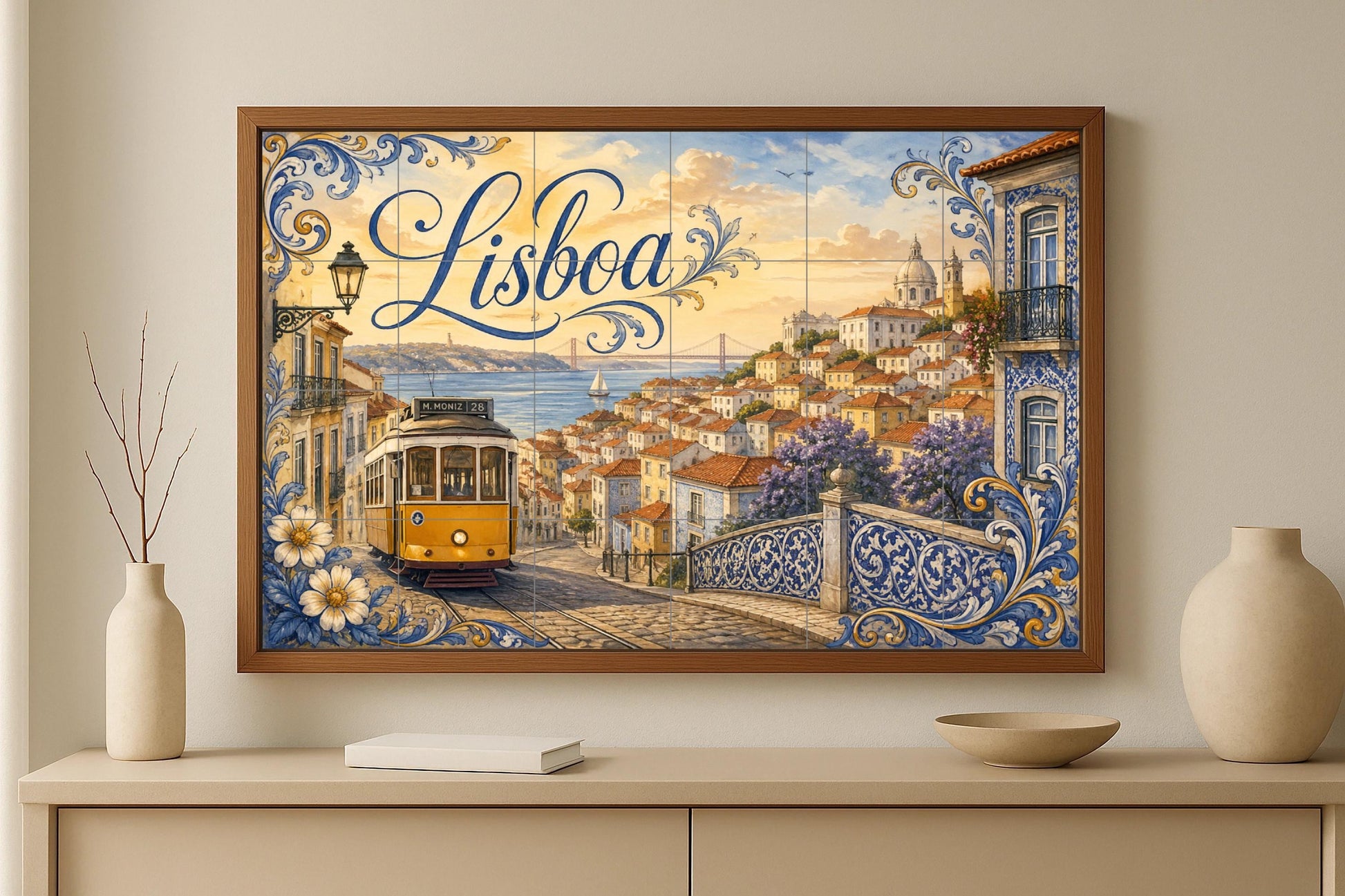 Mural de azulejos cerámicos de Lisboa Portugal, tranvía amarillo y…
